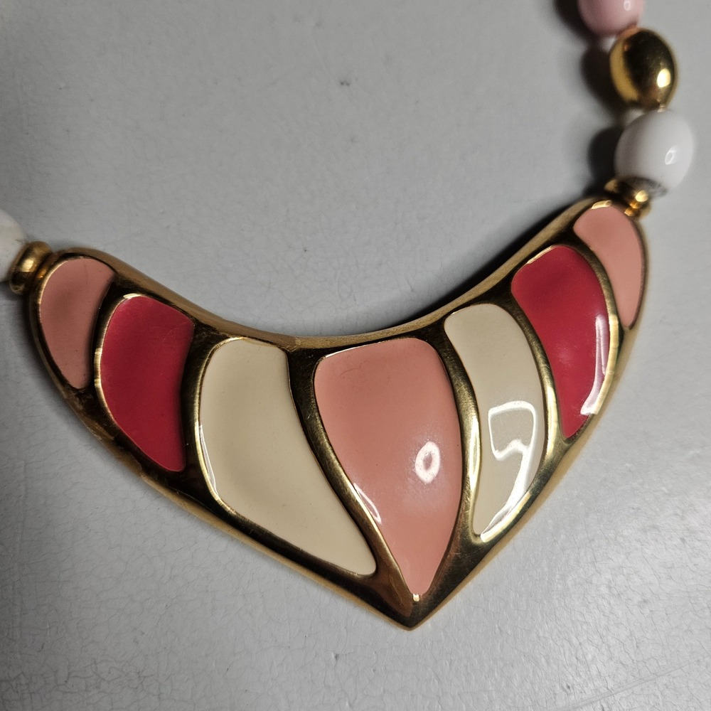 Vintage Napier Gold Tone Enamel‎ Bib Necklace Pink White Beaded Collar 80s Retro - Picture 2 of 6